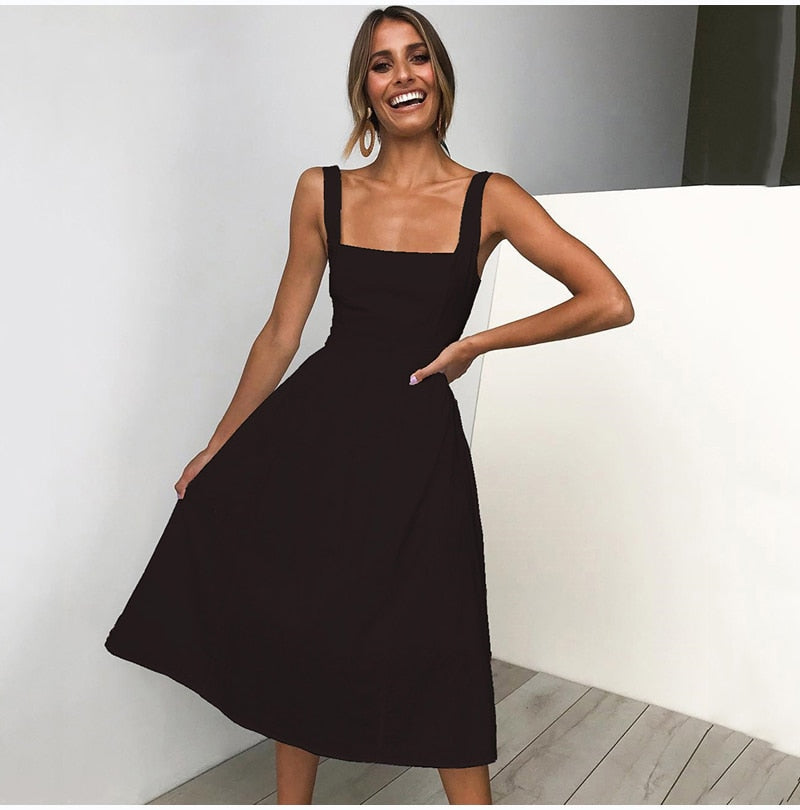 Lossky Casual Solid Dress Women Midi Long Summer Sexy Backless Slip Dresses Ruched Fashion Elegant Party Clothes Leisure - SunLify