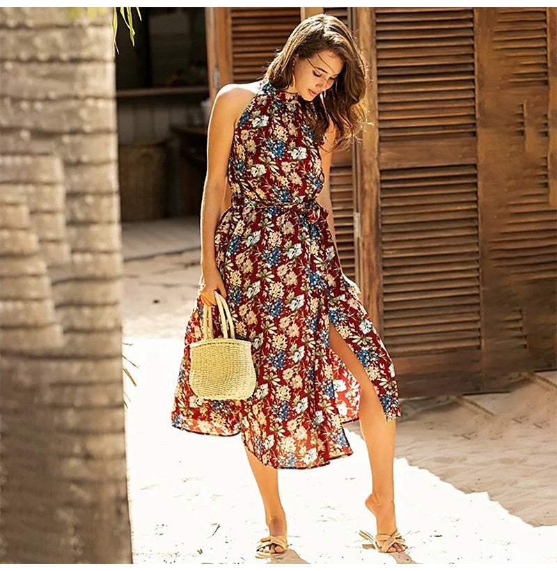 Long Dress Women Casual Summer Floral Midi Sundresses Elegant Ladies Flower Fitted Beach Tunic Clothing  Red Clothes Women - SunLify