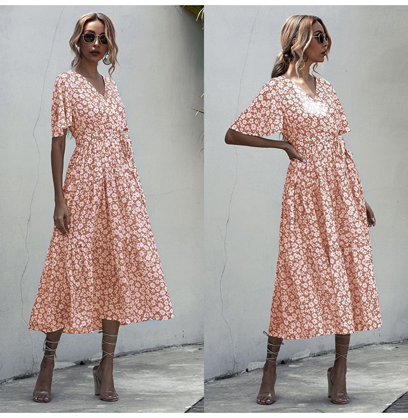 Long Dress Women Summer Casual Polka-dot Floral Print Midi Sundresses Black Elegant Fitted Clothing  Red Dresses For Women - SunLify