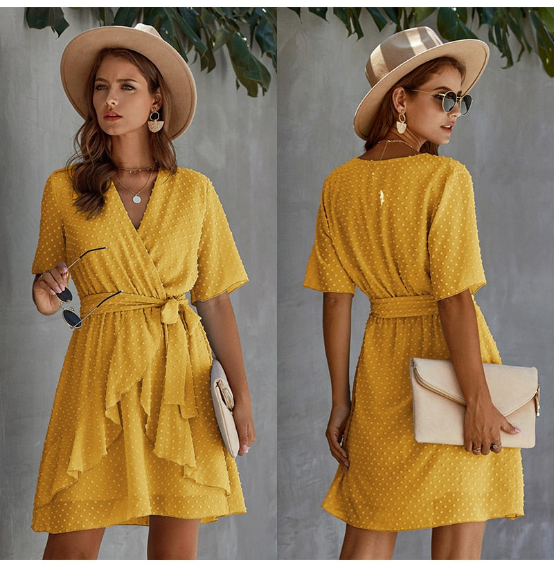 Women Dress Casual Ruffle Bow Lacing-Up Black Summer Sundresses Fitted Everyday Mini Short Clothing High Waist Red  Yellow - SunLify