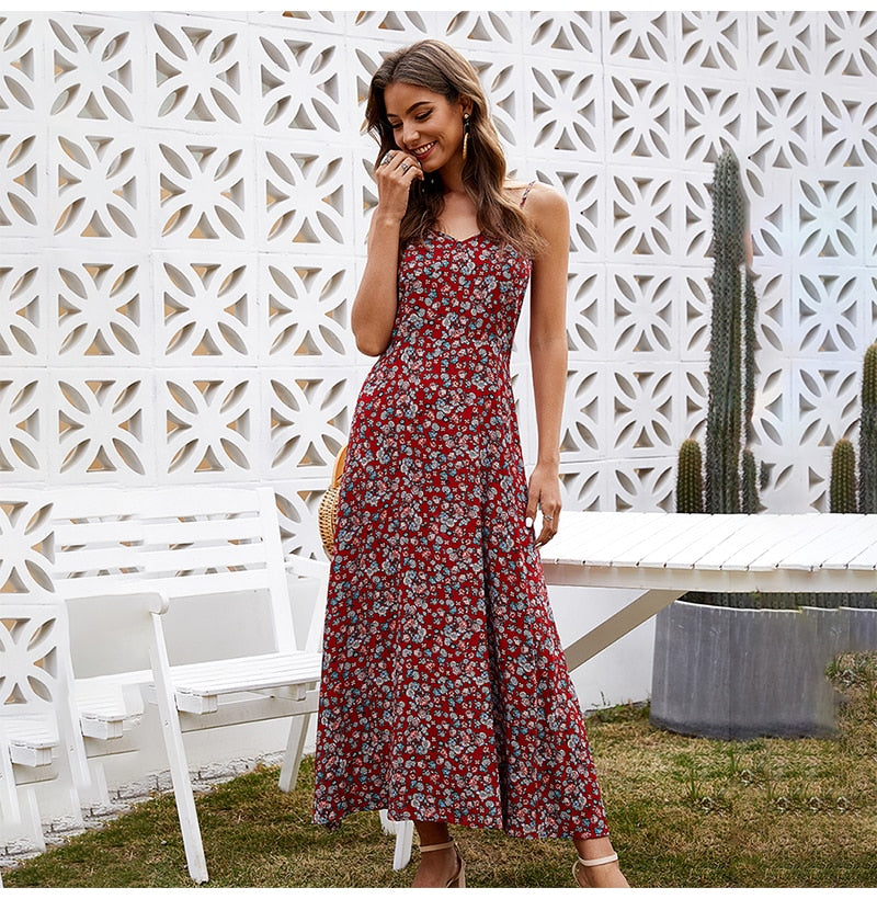 Long Dress Summer Vintage Flower Floral Backless Slip Sundress Women Casual Fitted Midi Clothes Red  Spaghetti Strap Dresses - SunLify