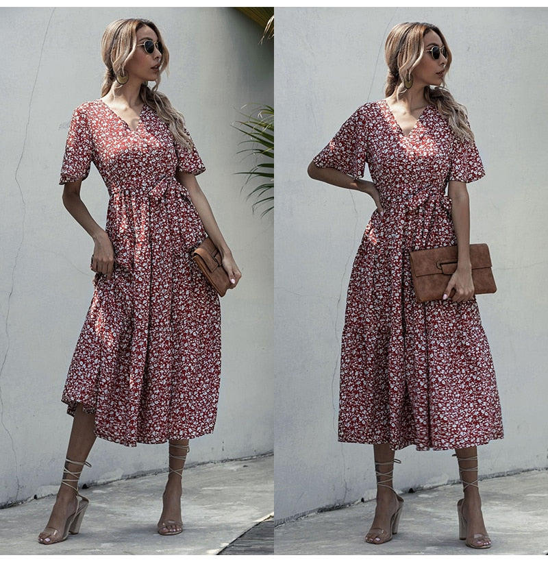 Long Dress Women Summer Casual Polka-dot Floral Print Midi Sundresses Black Elegant Fitted Clothing  Red Dresses For Women - SunLify