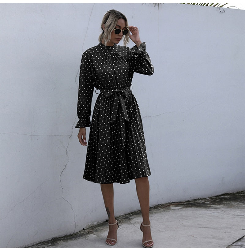 Woman Long Dress Autumn Spring Elegant Polka Dot Print Ruched Bow Dresses Casual Black Long Sleeve Trendy Clothes For Women - SunLify