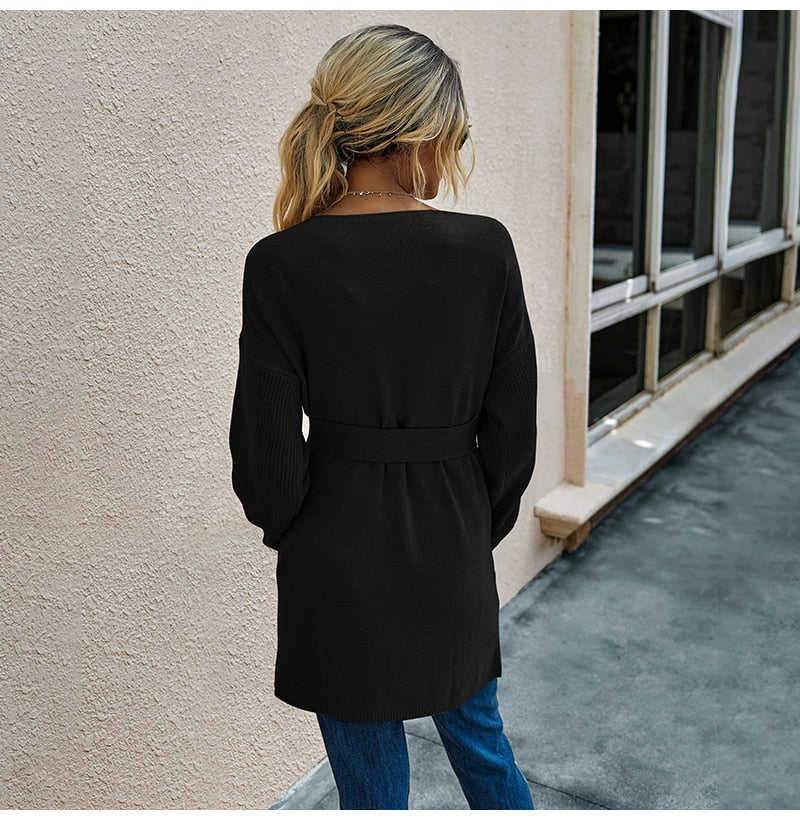 Long Cardigan Women Autumn Winter French Clothes Elegant Ladies Long Sleeve V Neck Knit Black Sweater Tops Belt  Jacket Coat - SunLify