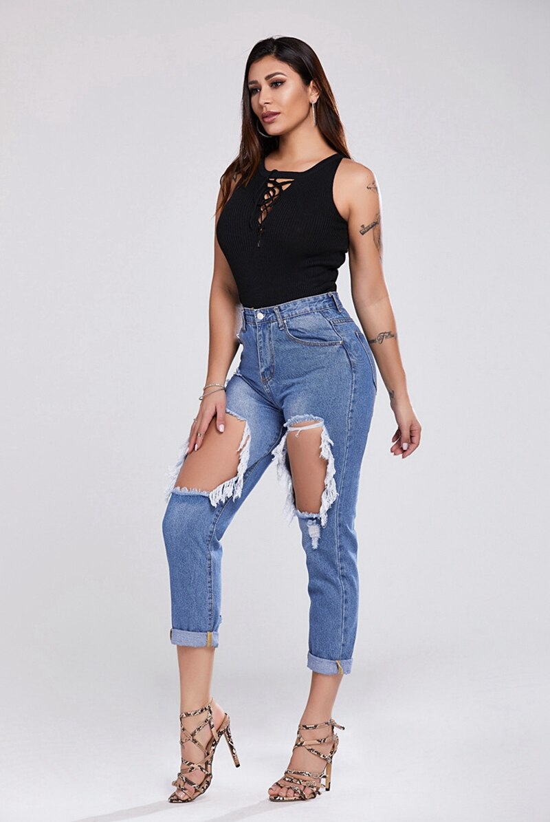 Spring summer Fashion ripped Hole denim pants Women Cotton Denim Jean Loose Casual Elastic Cross-pants vintage Street jeans - SunLify