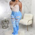 Fashion Denim Flare Pants Women Vintage Ripped Holes High Waist Jeans Wide Leg Trousers Sexy Casual Patchwork Bell-Bottoms Jeans - SunLify