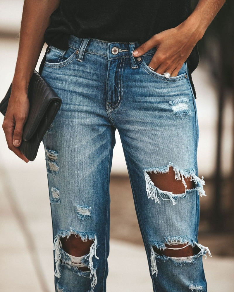 New Women Fashion Mid Waist Boyfriend Big Ripped Hole Jeans Casual High Street Denim Pants Sexy Vintage Pencil Calca Jeans - SunLify