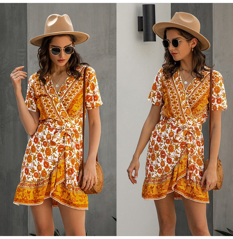 Dress Women Boho Summer Ruffle Pink Mini Short Sundress Bow Lacing-up Fitted Casual Ladies Bohemian Flower Clothing Yellow - SunLify