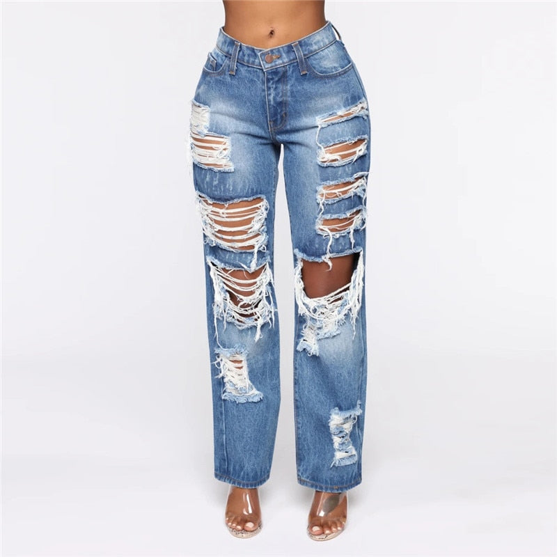 Fashion Personality Women Jeans Denim Hole Female High Waist Stretch Slim Sexy Ripped Trousers Women Streetwear Straight Jean - SunLify