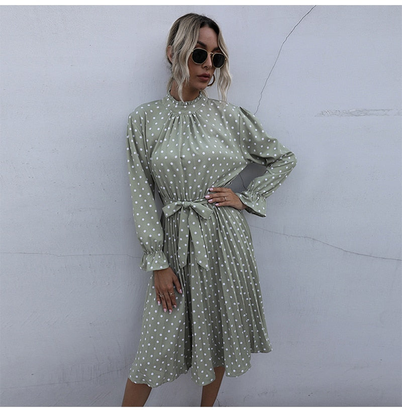 Woman Long Dress Autumn Spring Elegant Polka Dot Print Ruched Bow Dresses Casual Black Long Sleeve Trendy Clothes For Women - SunLify