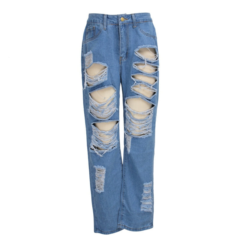 Fashion Personality Women Jeans Denim Hole Female High Waist Stretch Slim Sexy Ripped Trousers Women Streetwear Straight Jean - SunLify