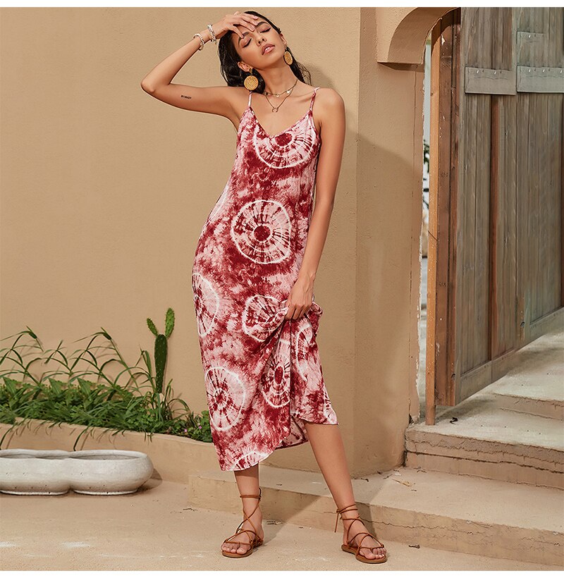 Chiffon Midi Dress Summer Slip Sundresses Women Casual Bohemian Print Backless Boho Long Clothing Red  Spaghetti Strap Dress - SunLify