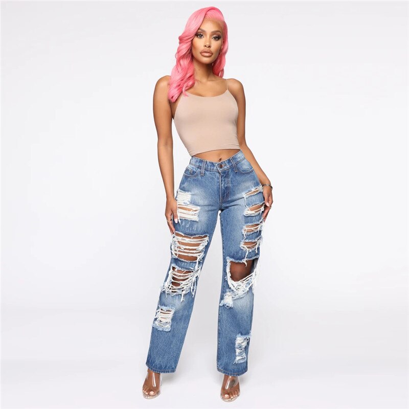 Fashion Personality Women Jeans Denim Hole Female High Waist Stretch Slim Sexy Ripped Trousers Women Streetwear Straight Jean - SunLify