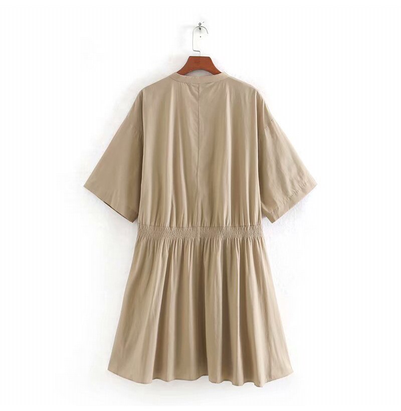 Cotton Dresses Summer Autumn Casual Button Solid Color Loose Ruched Fitted Dress Women Fashion  Clothes Support Dropshipping - SunLify