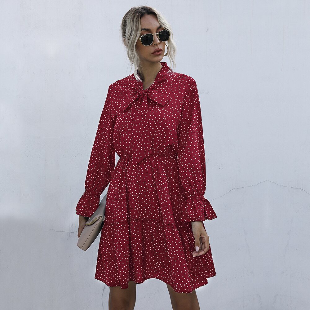 Chiffon Dresses Woman Autumn Spring Dot Print Ruched Slim A Line Womens Clothes Casual Long Sleeve Bow Dress Fall  Fashion - SunLify