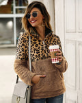 Lossky Winter Sweatshirt Leopard Patchwork Women Long Sleeve Pockets Ladies Plush Tops Zipper Pullover Warm Clothing Female - SunLify