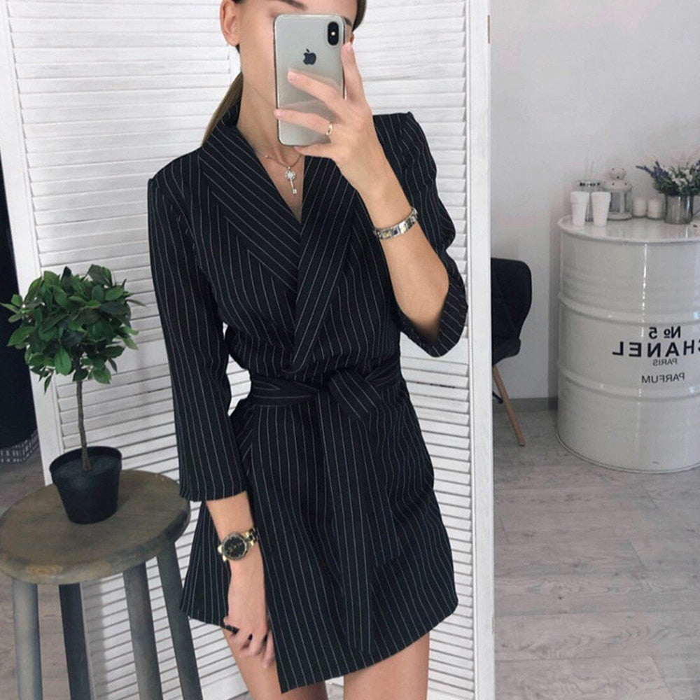 Blazer Dress Autumn Winter Elegant Office Ladies Long Sleeve Solid Black Sashes Fitted Dresses  Trendy Clothes For Women - SunLify