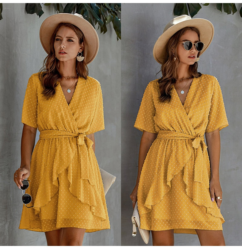 Women Dress Casual Ruffle Bow Lacing-Up Black Summer Sundresses Fitted Everyday Mini Short Clothing High Waist Red  Yellow - SunLify