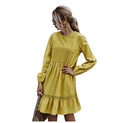 Woman Dress Autumn Winter Casual Lace Stitching Yellow Long Sleeve Loose Vintage Dresses For Women Clothes  Ladies - SunLify