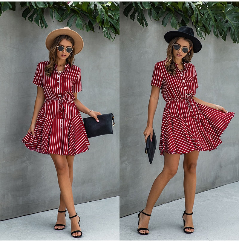 Lossky Women Cotton Mini Dress Fashion Summer Plaid Snake Short Sleeve Casual Ruched Short Nice Shirt Dress Clothes Elegant - SunLify