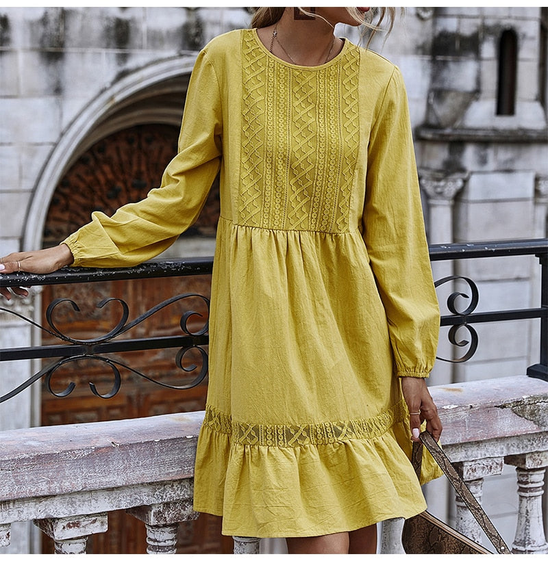 Woman Dress Autumn Winter Casual Lace Stitching Yellow Long Sleeve Loose Vintage Dresses For Women Clothes  Ladies - SunLify