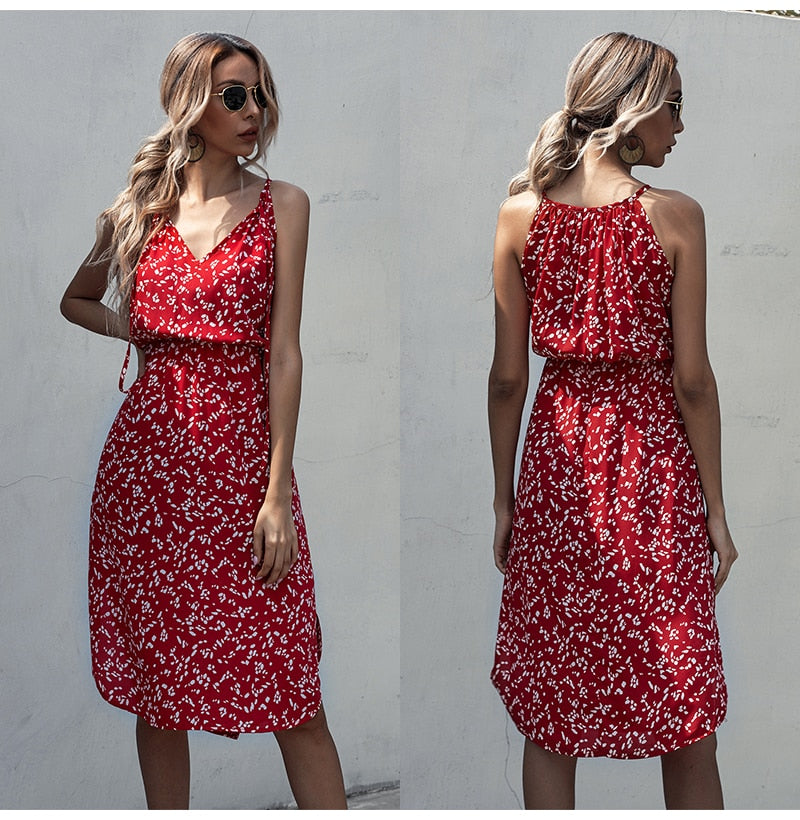 Dress Women Summer Leopard Floral Slip Sundresses Casual Fitted Slit Clothing Pink  Red Spaghetti Strap Dresses For Women - SunLify