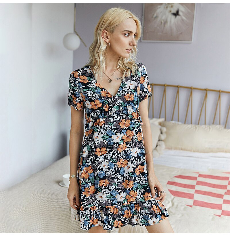 Women Dresses Summer Casual Ladies Floral Flower Print Ruffle Mini Dress Red A Line Womens Clothes Black  Fashion Vacation - SunLify