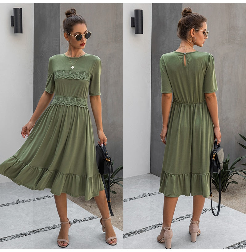 Women Midi Dress T-shirt Summer Black Lace Patchwork Ruffle Ruched Long Dresses Green Casual Ladies Fitted Clothes  Everyday - SunLify