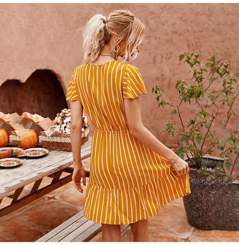 Dress Women Summer Striped Ruffle Mini Dresses Button Casual Fitted Womens Clothing Pink Soft Girl  Trendy Yellow Clothes - SunLify