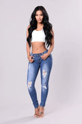 Fashion Stretch Hole Slim High street Tassel Ripped Jeans Women Mid Waist Denim Hip Pants Trousers Sexy Pencil Skinny Jeans - SunLify