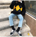 Women Sweater Autumn Winter Long Sleeve Top Korean Fashion Preppy Style Black Knitted Argyle Pullover Sweaters  Fall Clothes - SunLify