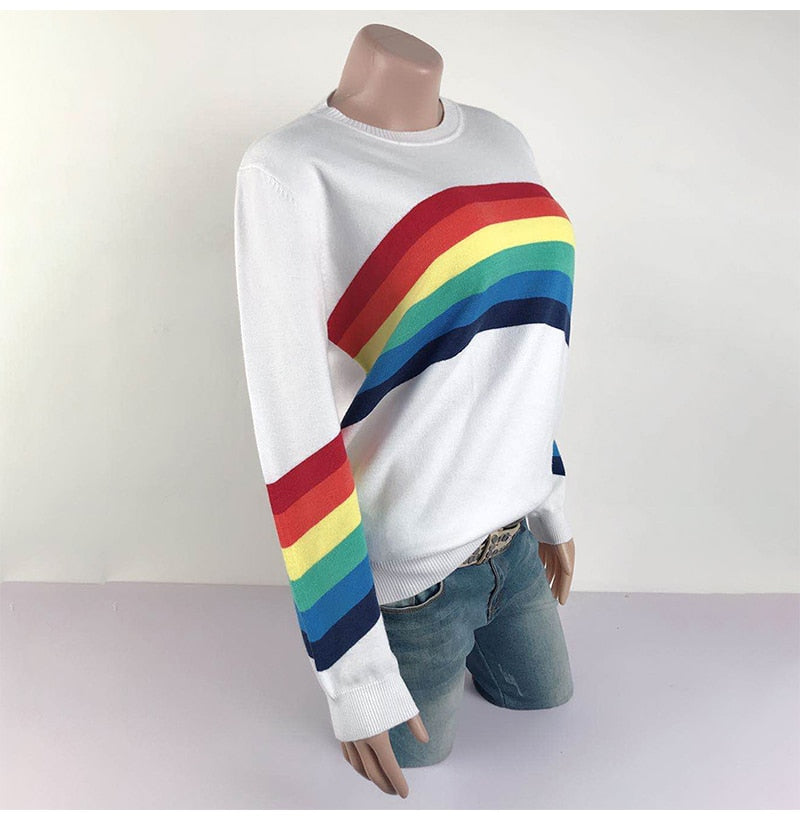 Sweater Women Autumn Winter Long Sleeve Rainbow Striped Top White Knitted Pullover Sweaters  Fashion Womans Clothes Knitwear - SunLify