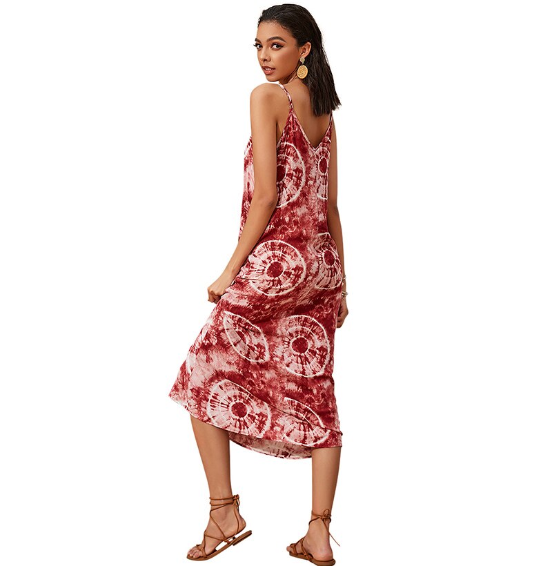 Chiffon Midi Dress Summer Slip Sundresses Women Casual Bohemian Print Backless Boho Long Clothing Red  Spaghetti Strap Dress - SunLify