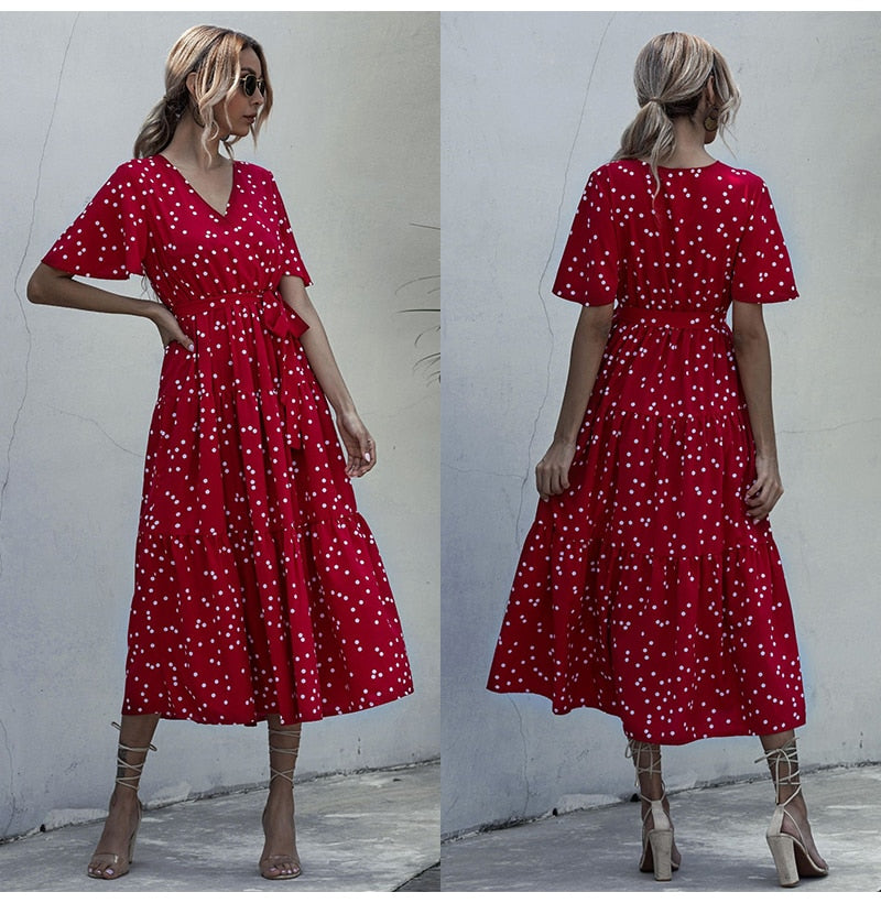 Long Dress Women Summer Casual Polka-dot Floral Print Midi Sundresses Black Elegant Fitted Clothing  Red Dresses For Women - SunLify