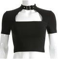 Lossky Sexy Cropped Tops Women Vogue Choker Collar Metal Buckle Short T-shirt Summer Vegan Clothes Black Gothic Streetwear - SunLify