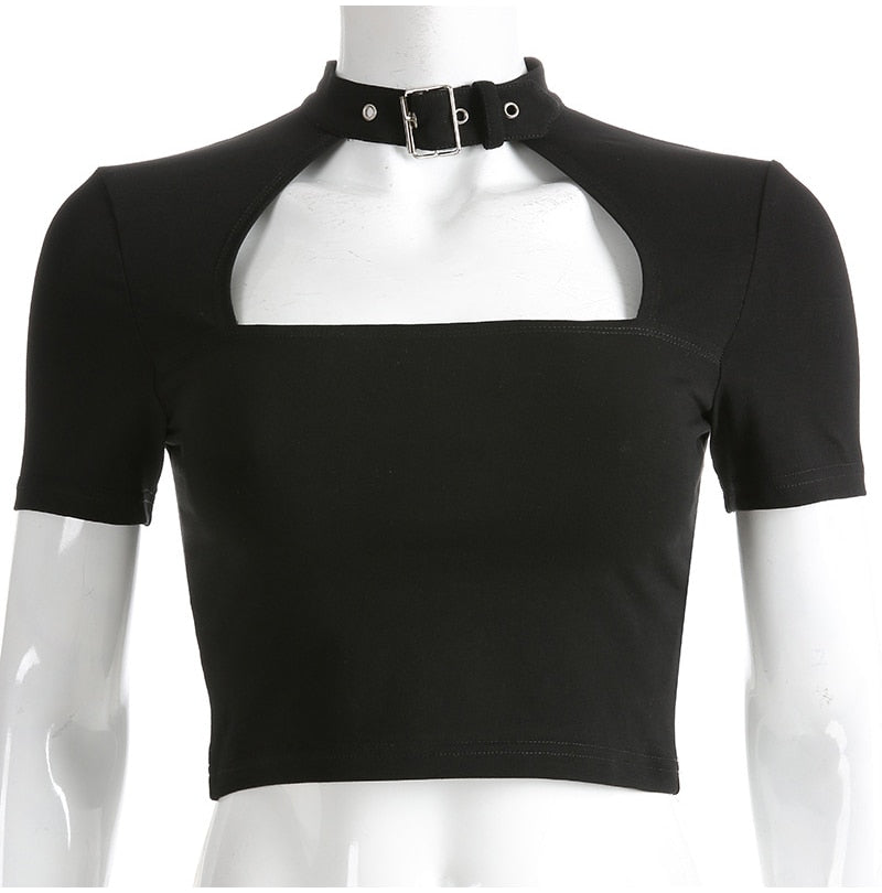 Lossky Sexy Cropped Tops Women Vogue Choker Collar Metal Buckle Short T-shirt Summer Vegan Clothes Black Gothic Streetwear - SunLify