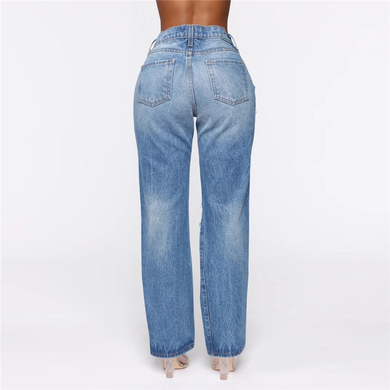 Fashion Personality Women Jeans Denim Hole Female High Waist Stretch Slim Sexy Ripped Trousers Women Streetwear Straight Jean - SunLify