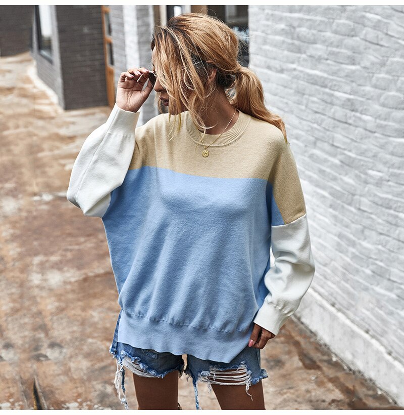 Knitted Sweater Autumn Winter Green Patchwork Color Ladies Long Sleeve Jumpers Pullover Sweaters Tops Women Fashion Clothes - SunLify