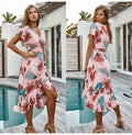 Pink Midi Dress Women Summer Casual Print Ruffle Holiday Long Sundress Ladies Yellow Fitted Clothes Lacing-up  Women Outfits - SunLify