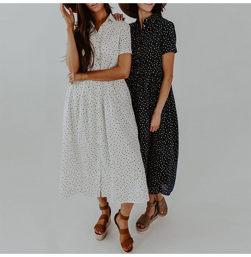 Long Dress Summer Vintage Dots Print Buttons Shirt Dresses White Casual Plus Size Women 4xl Loose Midi Clothes Black  Retro - SunLify