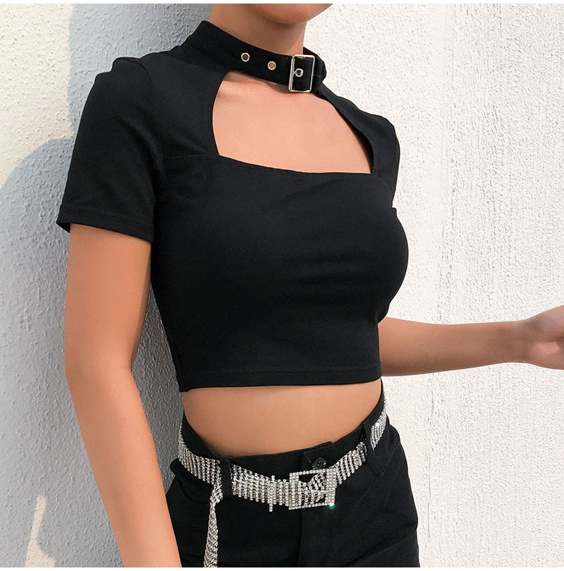 Lossky Sexy Cropped Tops Women Vogue Choker Collar Metal Buckle Short T-shirt Summer Vegan Clothes Black Gothic Streetwear - SunLify