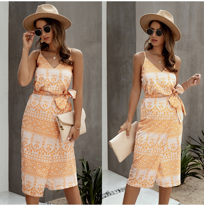 Lossky Cotton Dress Women Printed Summer Slip Sundress Sexy Backless Sleeveless Beach Midi Clothes For Women  Ladies Dresses - SunLify