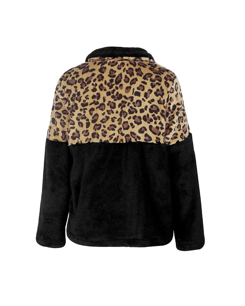 Lossky Winter Sweatshirt Leopard Patchwork Women Long Sleeve Pockets Ladies Plush Tops Zipper Pullover Warm Clothing Female - SunLify