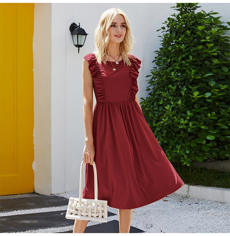 Long Dress Elegant Women Ruffle Patchwork Ruched Sleeveless Tank Midi Dresses Summer Casual Ladies Pure Black Clothing  Pink - SunLify