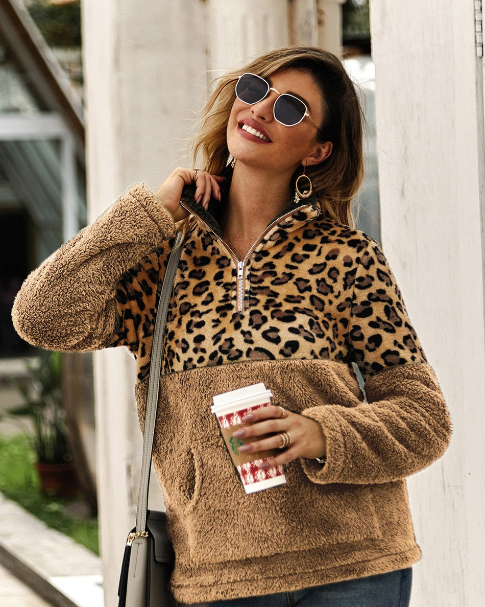 Lossky Winter Sweatshirt Leopard Patchwork Women Long Sleeve Pockets Ladies Plush Tops Zipper Pullover Warm Clothing Female - SunLify