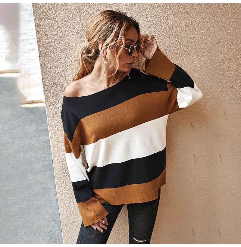 Knitted Sweater Ladies Striped Stitching Long Sleeve Pullover Sweaters Tops Fashion Autumn Winter Clothes Jumper Knitwear Women - SunLify