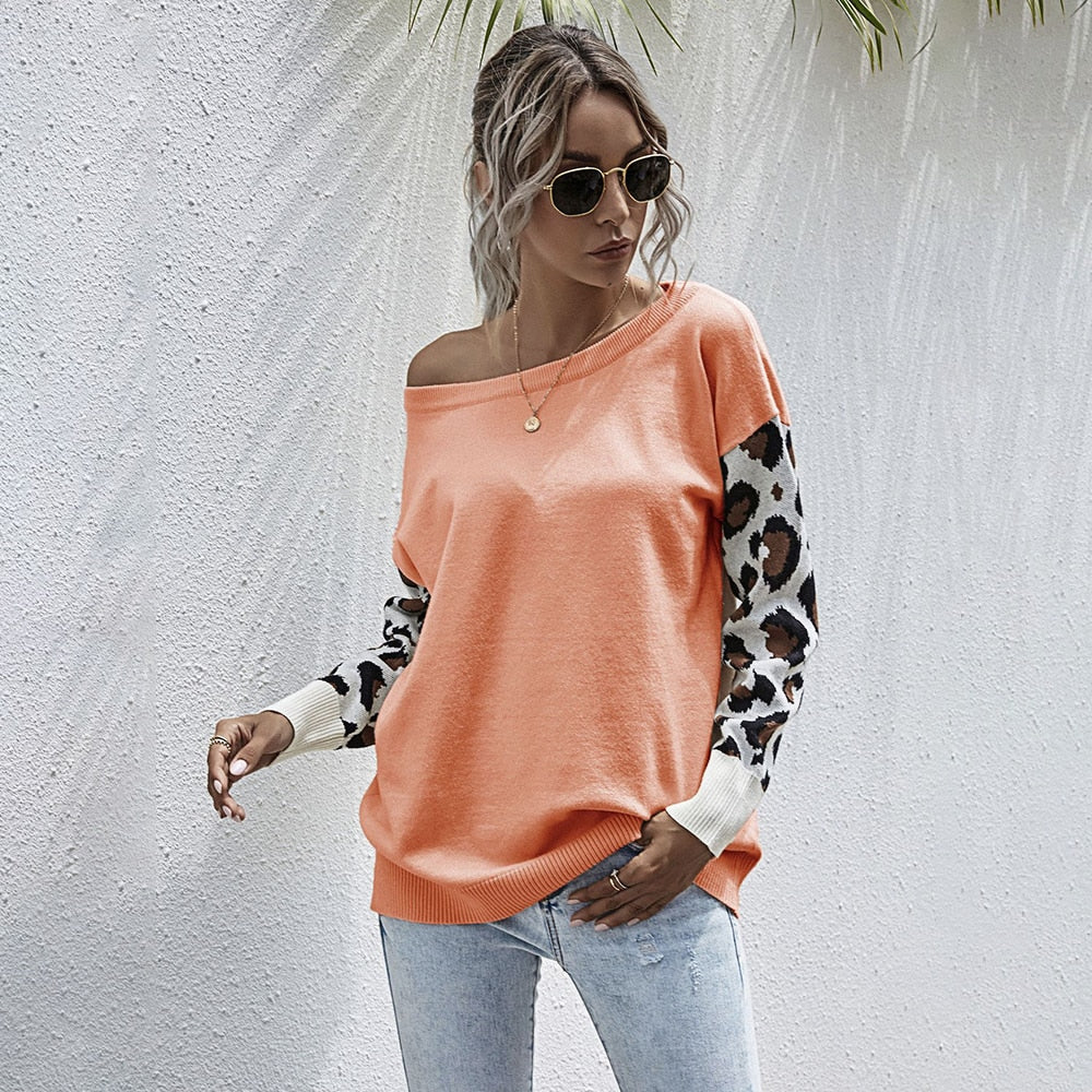 Sweater Autumn Winter Patchwork Leopard Long Sleeve Knit Womans Clothes Loose Pullover Sweaters For Women  Fall Fashion Tops - SunLify