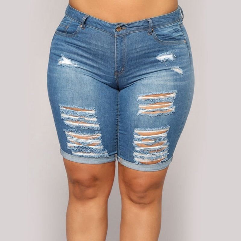 Plus size 5XL Fashion Knee Length Ripped Denim Shorts Women Summer Casual Push Up Elastic Mid Waist Biker Short Jeans Streetwear - SunLify