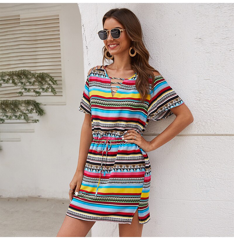 Summer Dress Women Casual Color Striped Mini Short Sundresses Vintage Fitted Overalls Clothing  Clothes For Women Fashion - SunLify