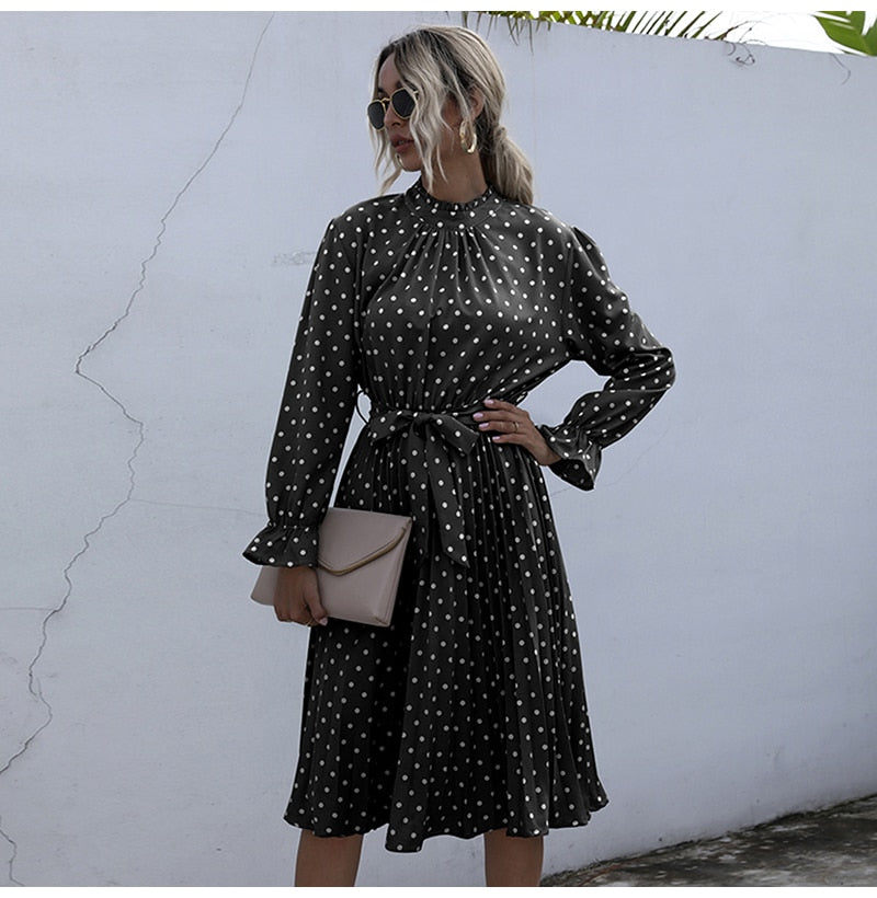 Woman Long Dress Autumn Spring Elegant Polka Dot Print Ruched Bow Dresses Casual Black Long Sleeve Trendy Clothes For Women - SunLify